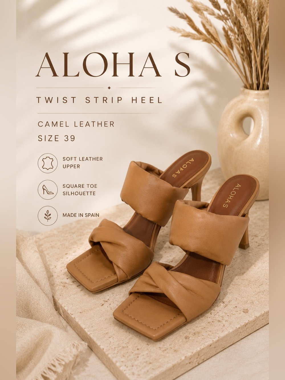ALOHA S Twist Strip Camel Leather Square Toe Heels Size 39
